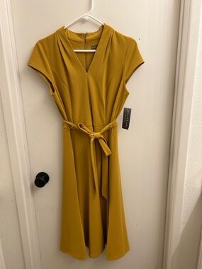 Sharagano Mustard V-Neck Belted Midi Dress